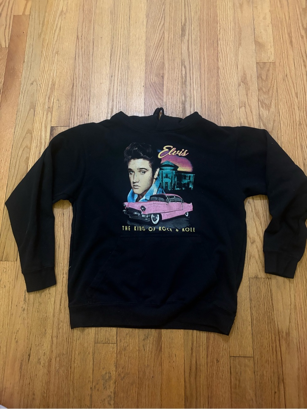 Elvis Graphic Pullover Hoodie in Black with Pink Car